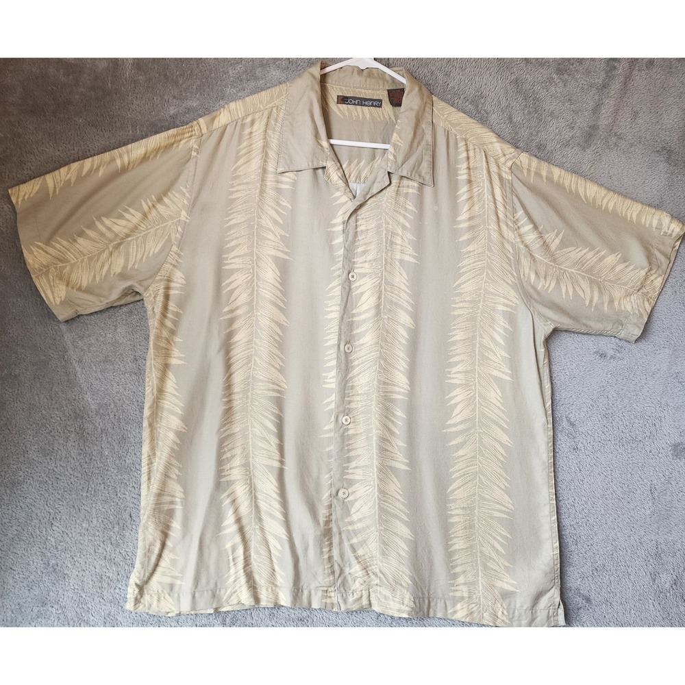 John Henry Shirt Mens XL Sage Green Big Leaf Print Short Sleeve Button Down